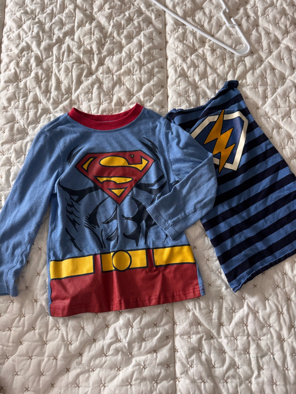 Blue Superman-Inspired Kids Costume pajamas top with Red and Yellow Accents